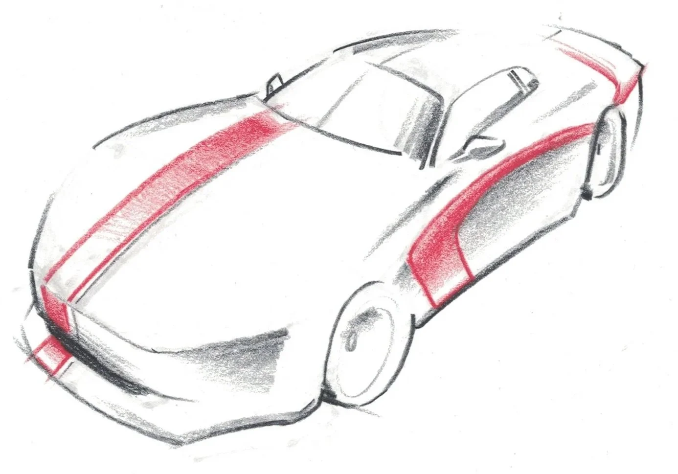 Sketch of a sports car with red racing stripes on the hood, roof, and sides.