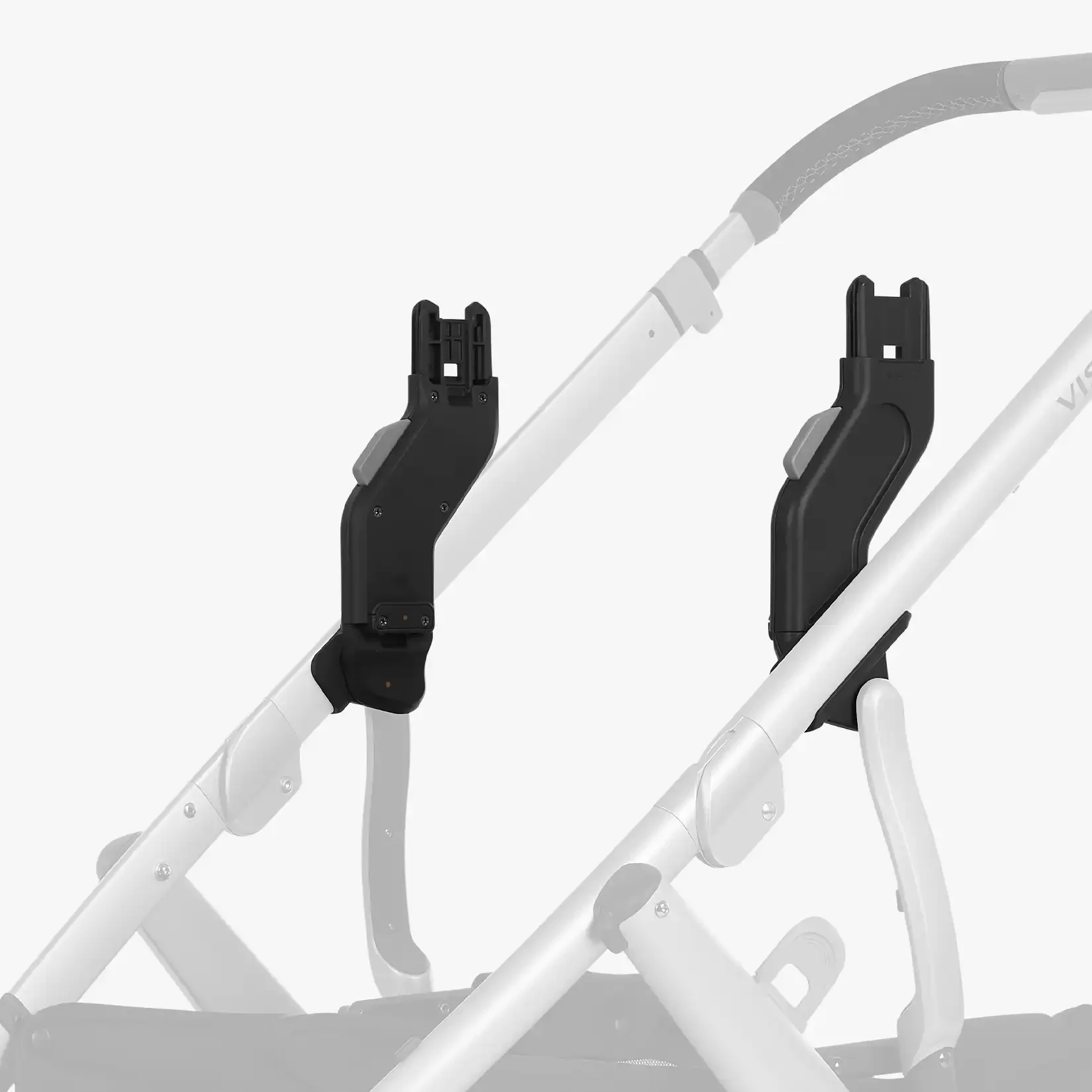 Close-up of two black child safety seats attached to a white stroller frame.