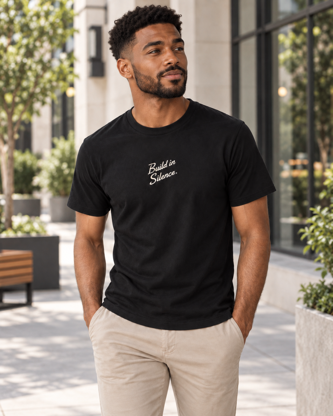 Build in Silence Foundation Tee in black with cream embroidery — stitched in-house