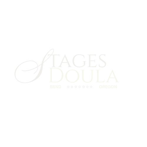 Logo for Stages Doula in Bend, Oregon with elegant script and serif fonts on a black background.