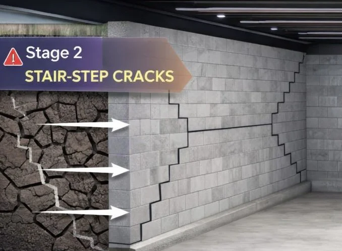 Sign indicating stage 2 with stair-step cracks in the wall, showing a progression of cracks on a cinder block wall.