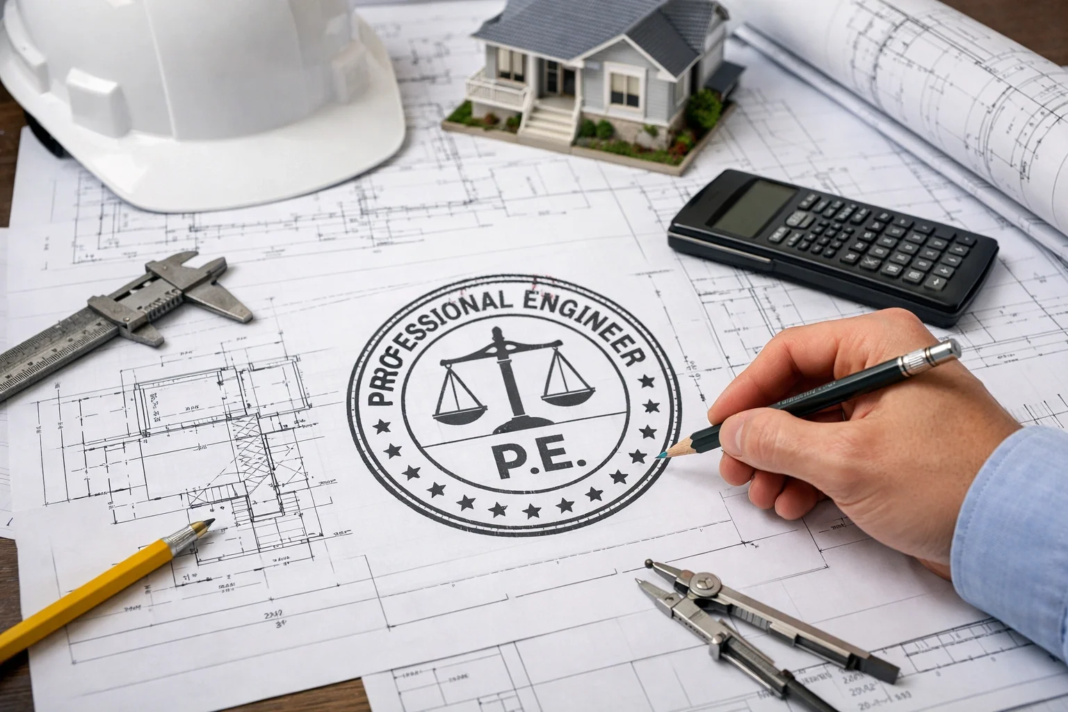 Engineering workspace with blueprints, a model house, a calculator, a scale, a pencil, a compass, and a hard hat. The center features a stamp with the words "Professional Engineer" and the initials "P.E."