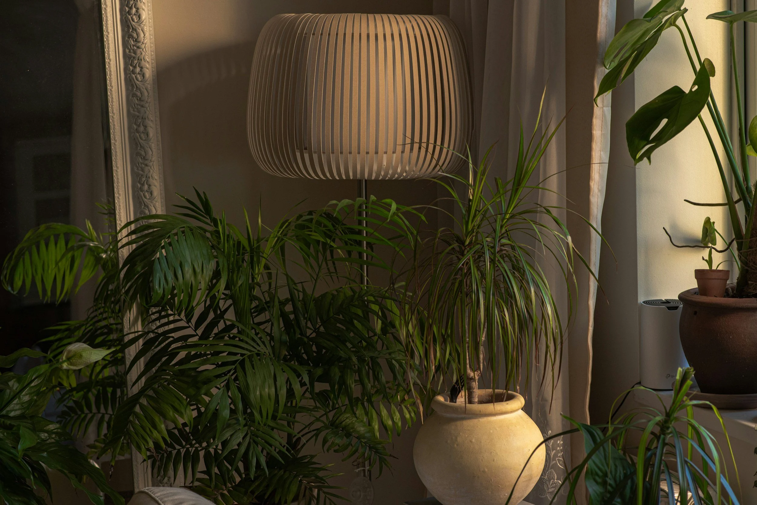 A living room corner with a large beige ceramic vase and a potted plant with long green leaves, illuminated by a paper lantern-style lamp on a table, along with a decorative mirror frame on the wall.
