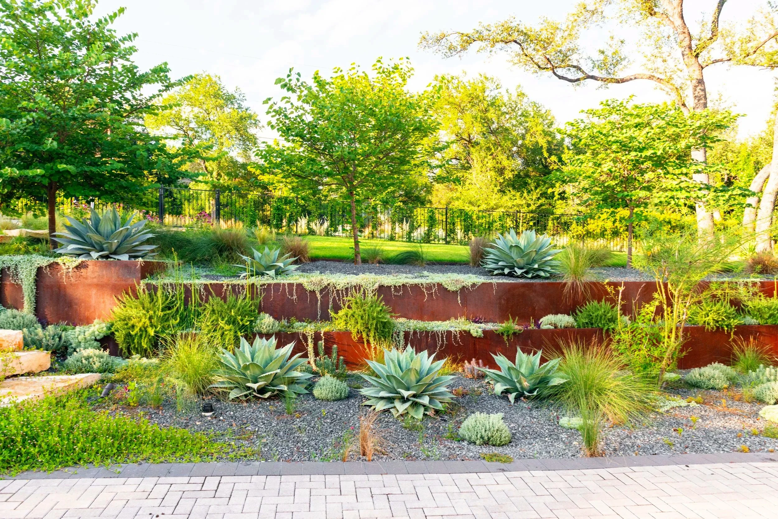 Terraced steel planters form a dramatic retaining wall, layered with evergreen, sculptural, and cascading plantings to create a more elegant and beautiful outlook from the front of the home toward the driveway.