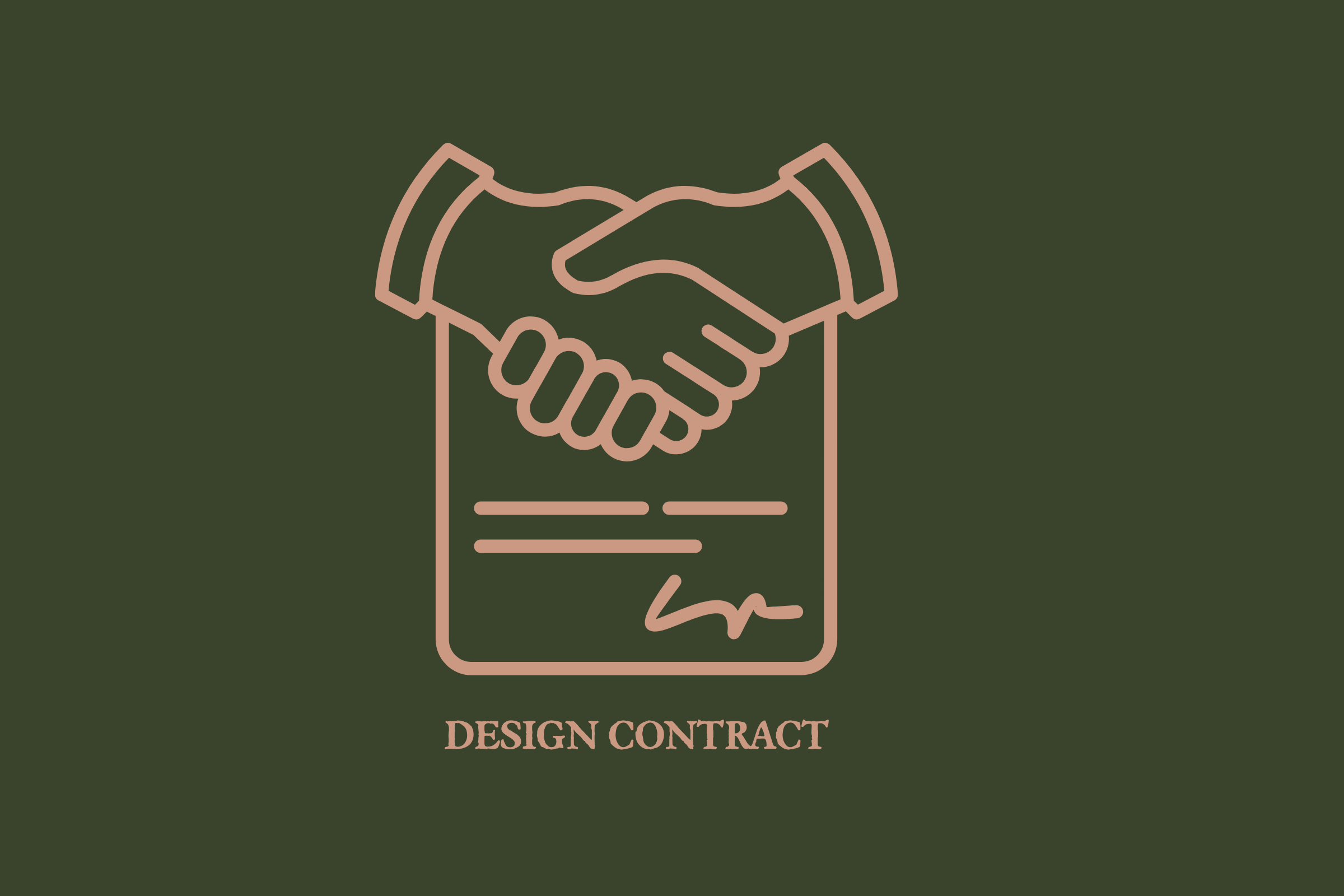 Line drawing of a handshake inside a document outline with the words "DESIGN CONTRACT" underneath on a dark green background.