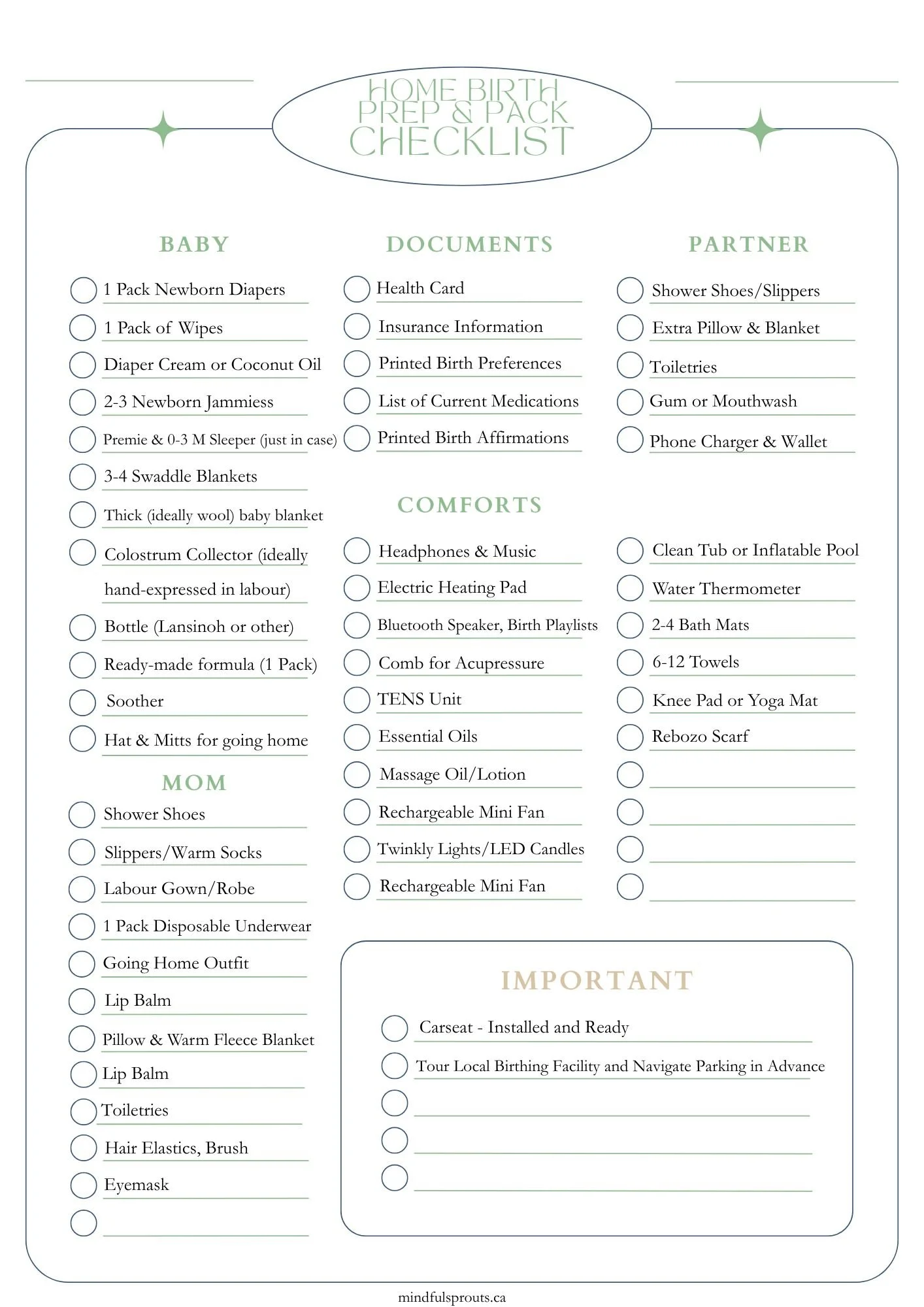 Homebirth Preparation Checklist Ontario