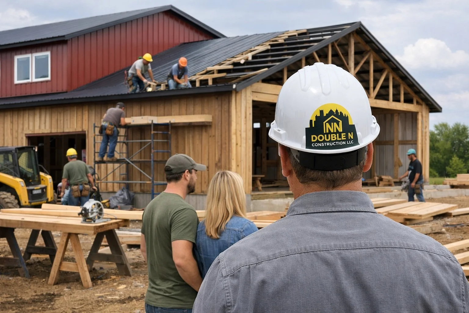 Construction workers building a house, with some working on the roof and others on the ground, while a group of people, including a man wearing a helmet with 'Double N Construction LLC' logo, observe.