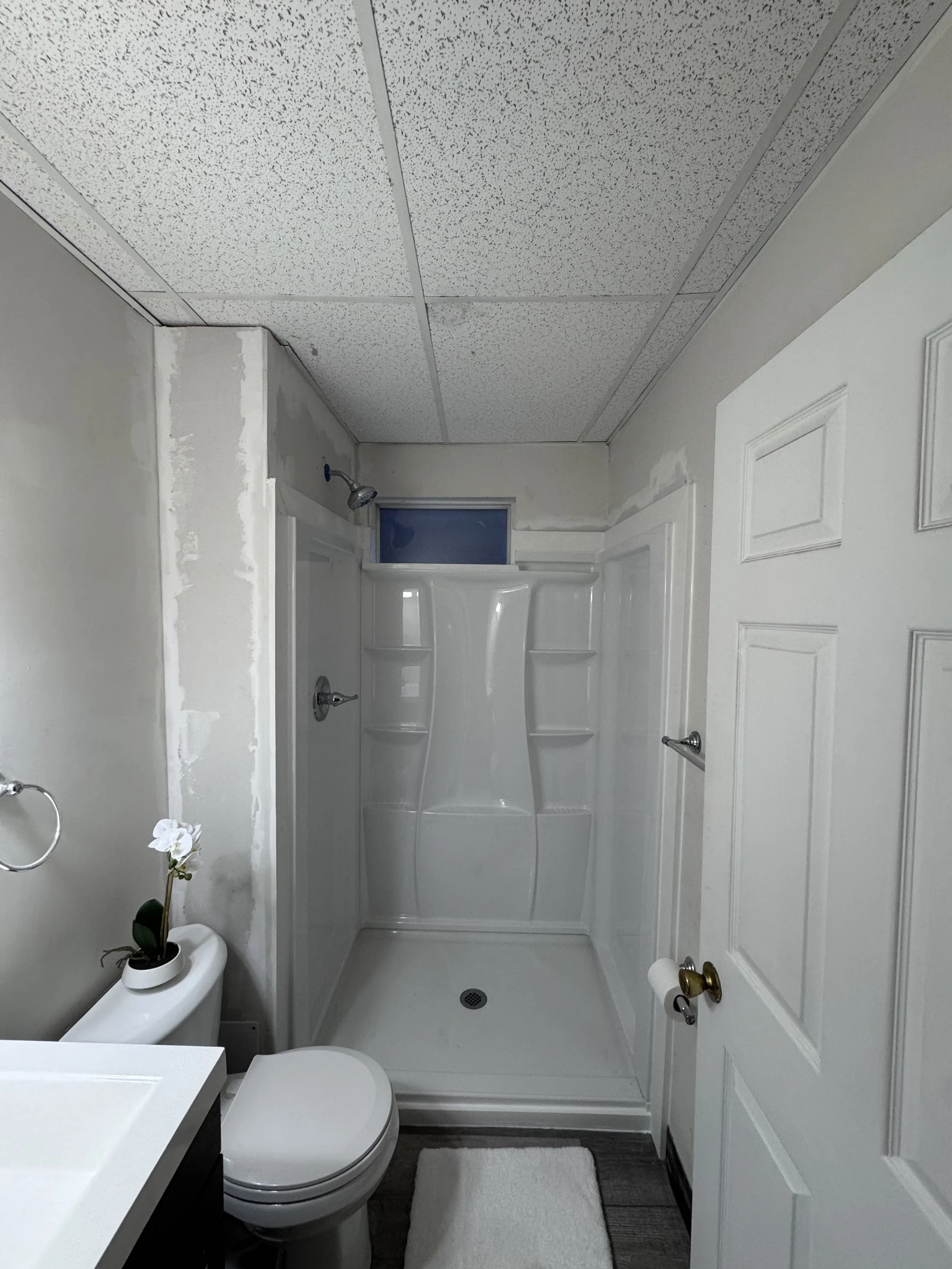 Bathroom with a white toilet, a small potted plant on the toilet tank, a white shower with built-in shelves, and a white door. The ceiling has textured tiles, and there is a small window above the shower.