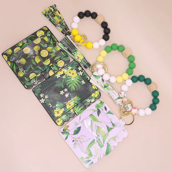 silicone wrist bracelet silicone bead card holder plant printed PU ID card holder DIY beaded pendant