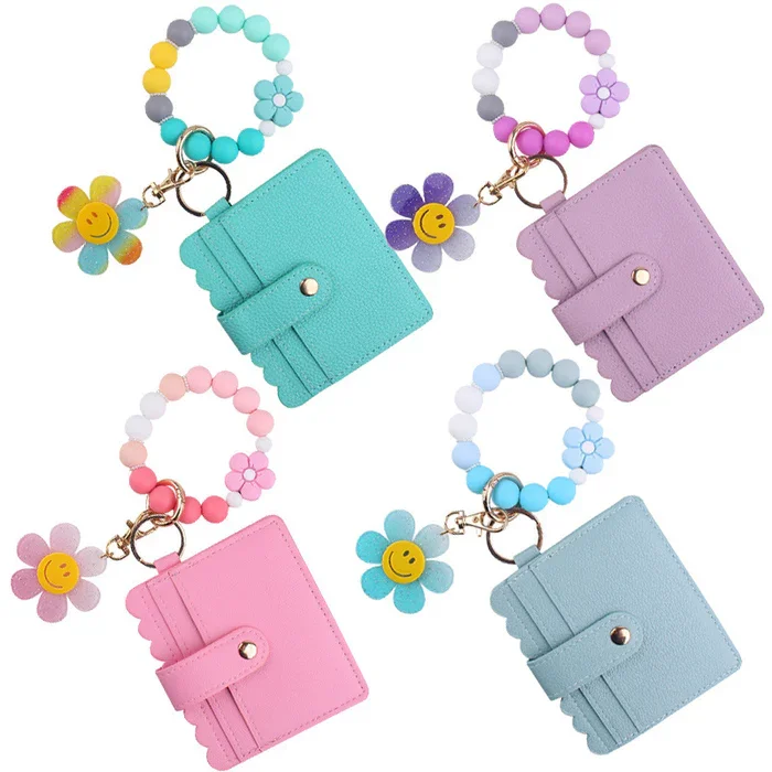Cartoon Sunflower Flower Card Holder Jewelry Beaded DIY Silicone Bracelet Bracelet Wallet Keychain Pendant