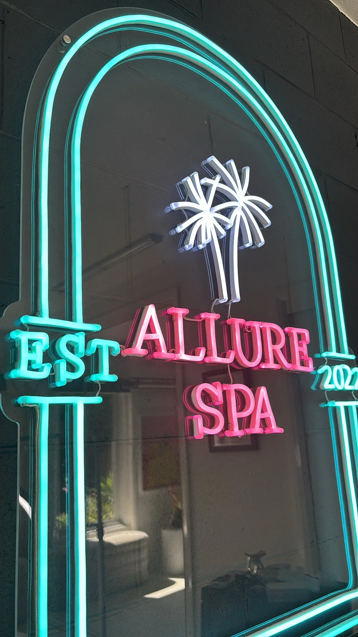 Neon sign with a rainbow outline, a dandelion illustration, and the words 'EST. 2022' and 'AULURE SPA' in pink and turquoise lettering.