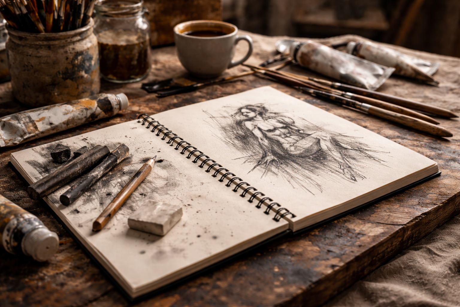 A sketchbook open to a drawing of a seated woman, surrounded by art supplies like tubes of paint, brushes, charcoal sticks, an eraser, and a cup of coffee on a wooden table.