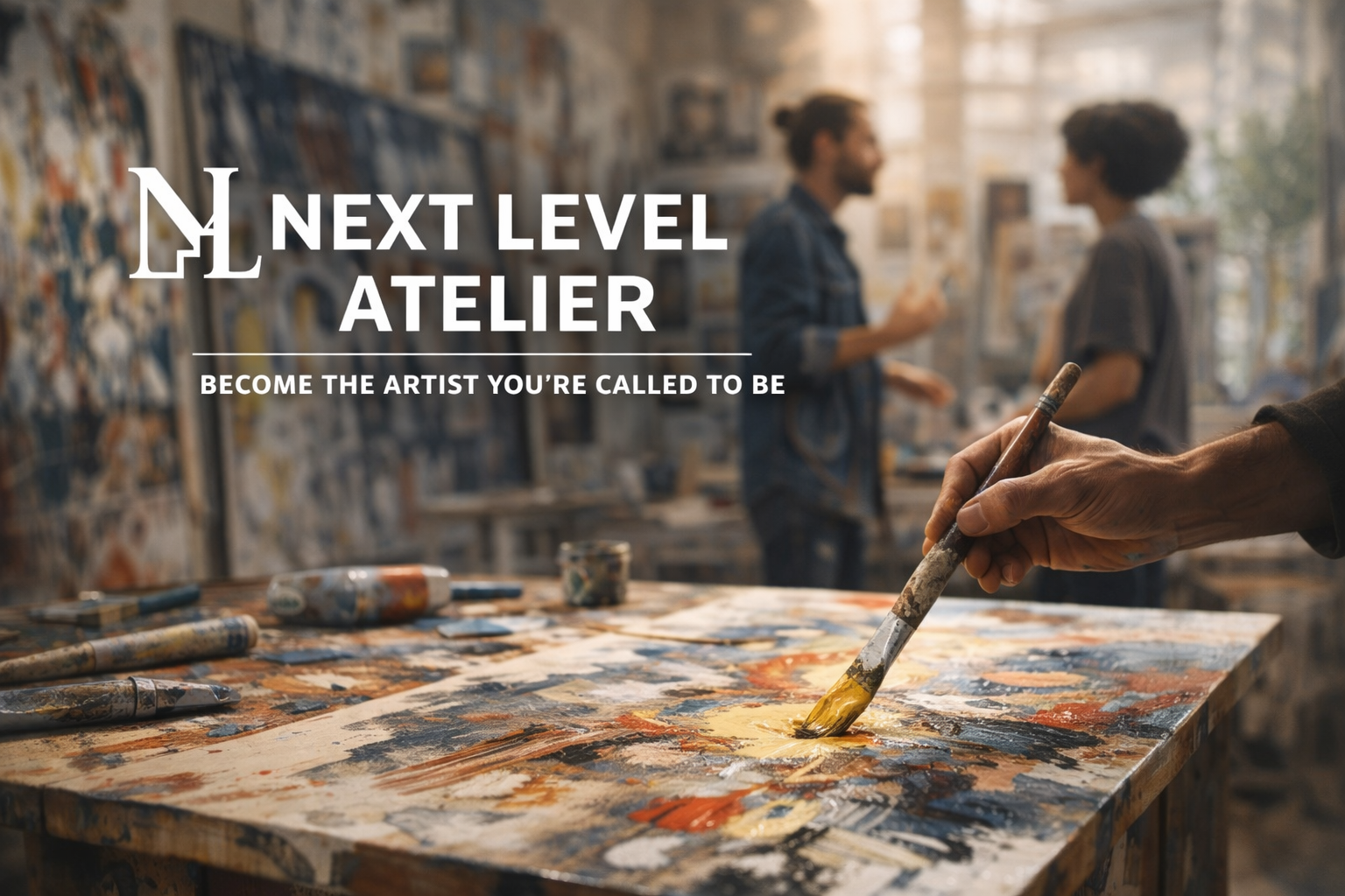 An artist painting on a canvas, with two people talking in the background inside an art studio, promotional text overlayed reading 'Next Level Atelier' and 'Become the artist you're called to be'.