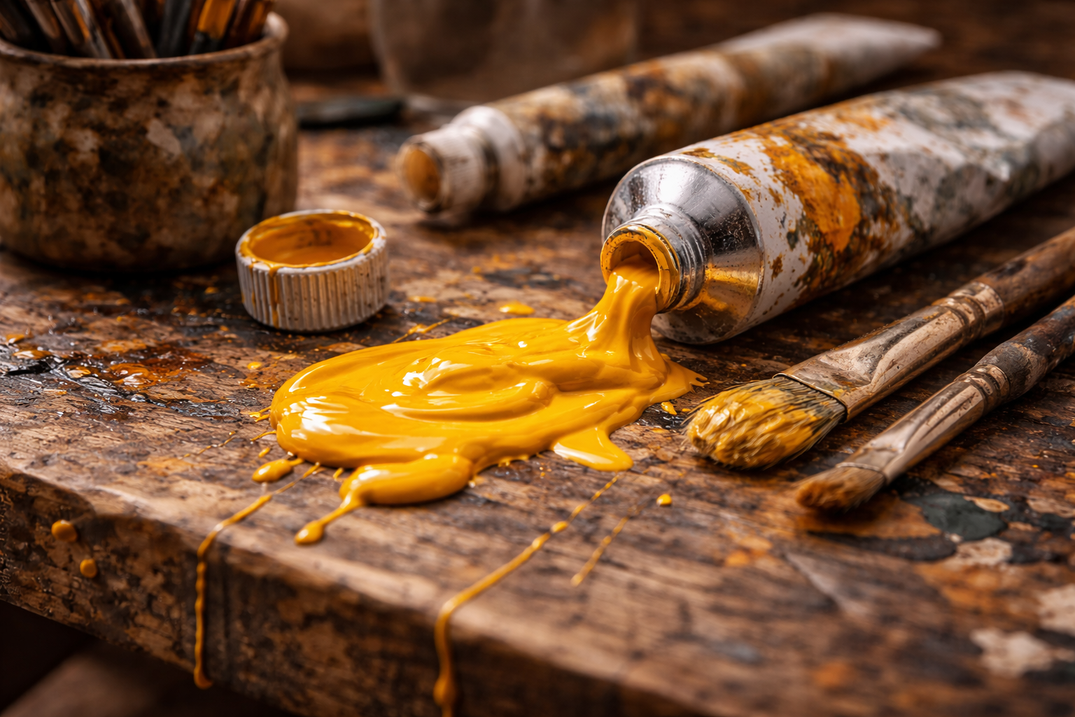 Open tube of yellow paint spilling onto a well-used wooden artist's table surrounded by brushes and containers with paint.
