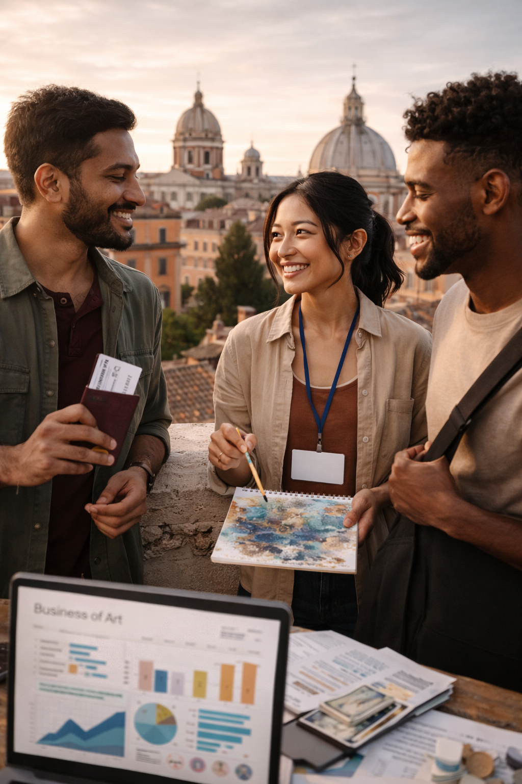 Three people talking and smiling during a meeting outdoors with a cityscape in the background, including domed buildings.