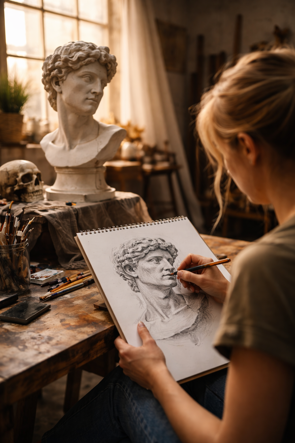 Artist drawing a portrait of a classical marble bust sculpture of a woman in an artist's studio with sunlight coming through a window.