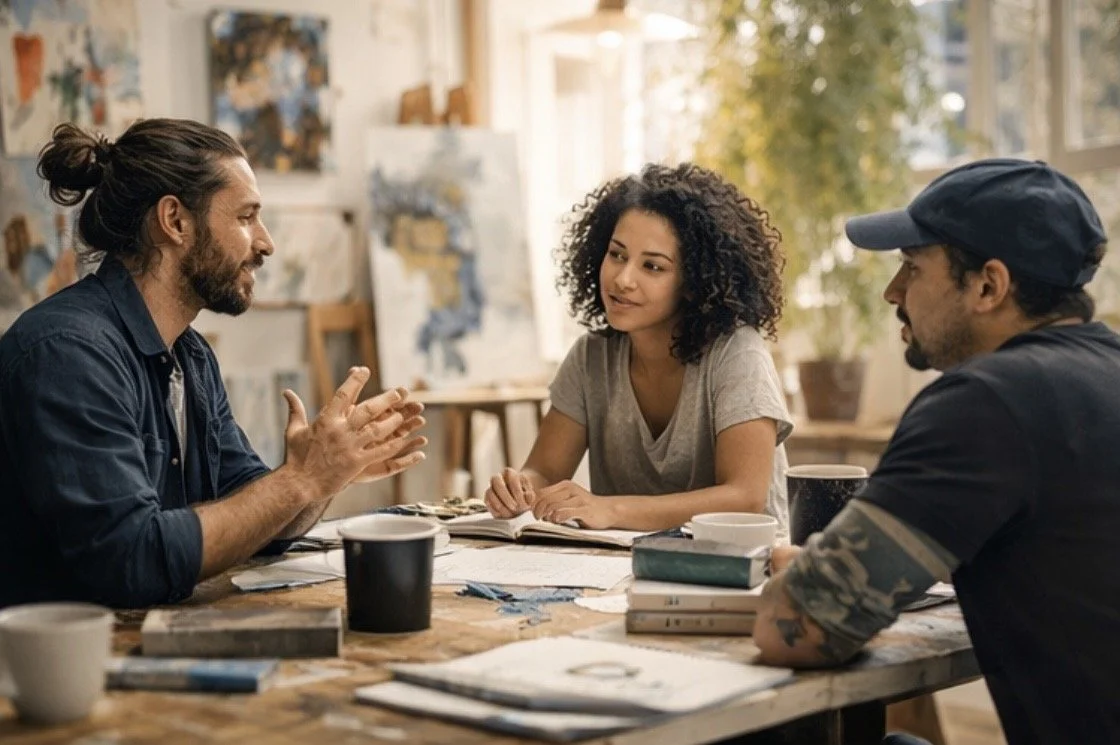 Three people sitting at a table engaged in a discussion, with art supplies and books on the table and artwork in the background.