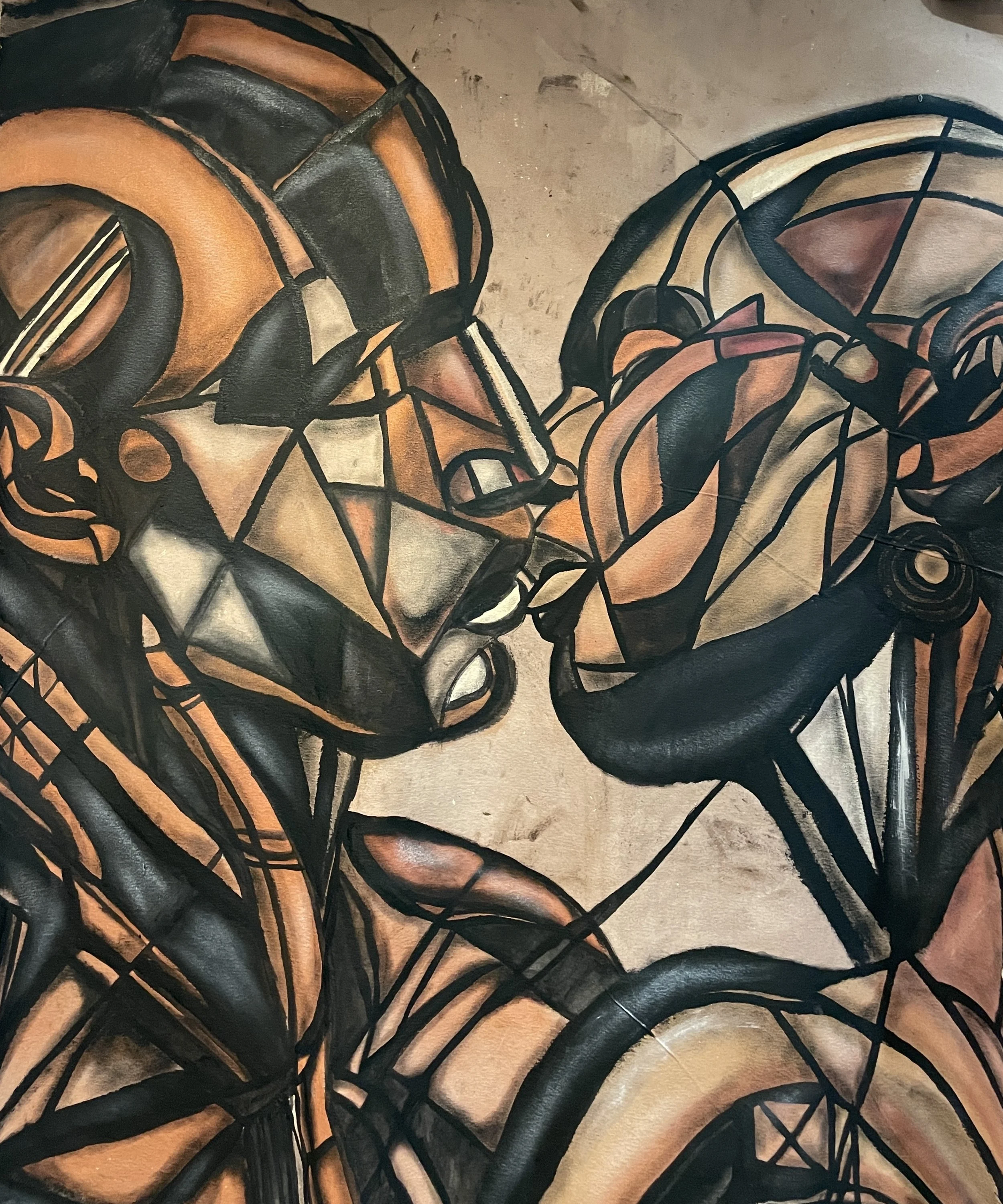 A geometric abstract painting of two faces in profile close to each other, rendered with bold black outlines and shades of orange, brown, and beige.