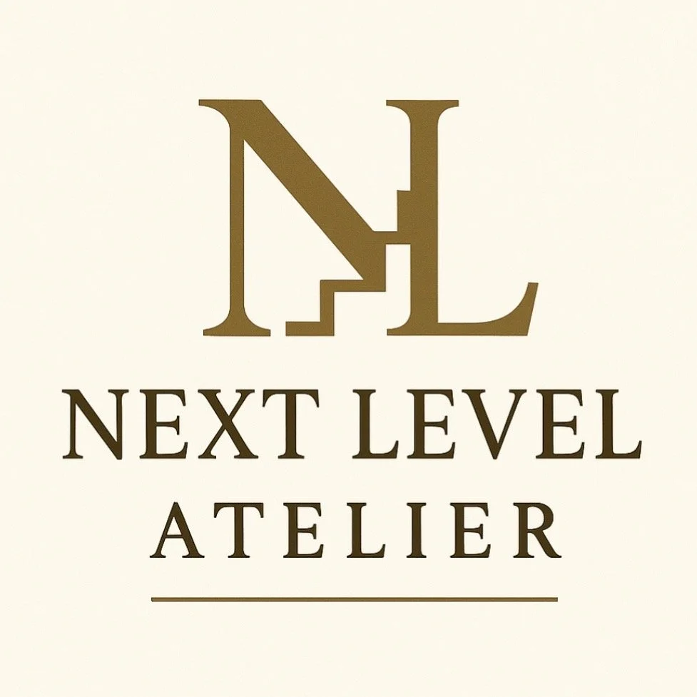 Logo with initials and text reading 'Next Level Atelier' in brown on a beige background.