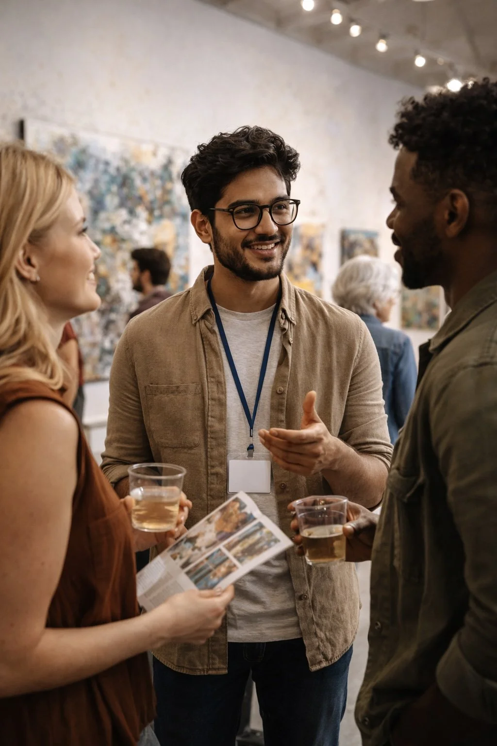 Three people having a conversation at an art gallery, with paintings hanging on the wall behind them. The woman on the left is holding a brochure and a drink, and the two men are holding glasses of drinks.