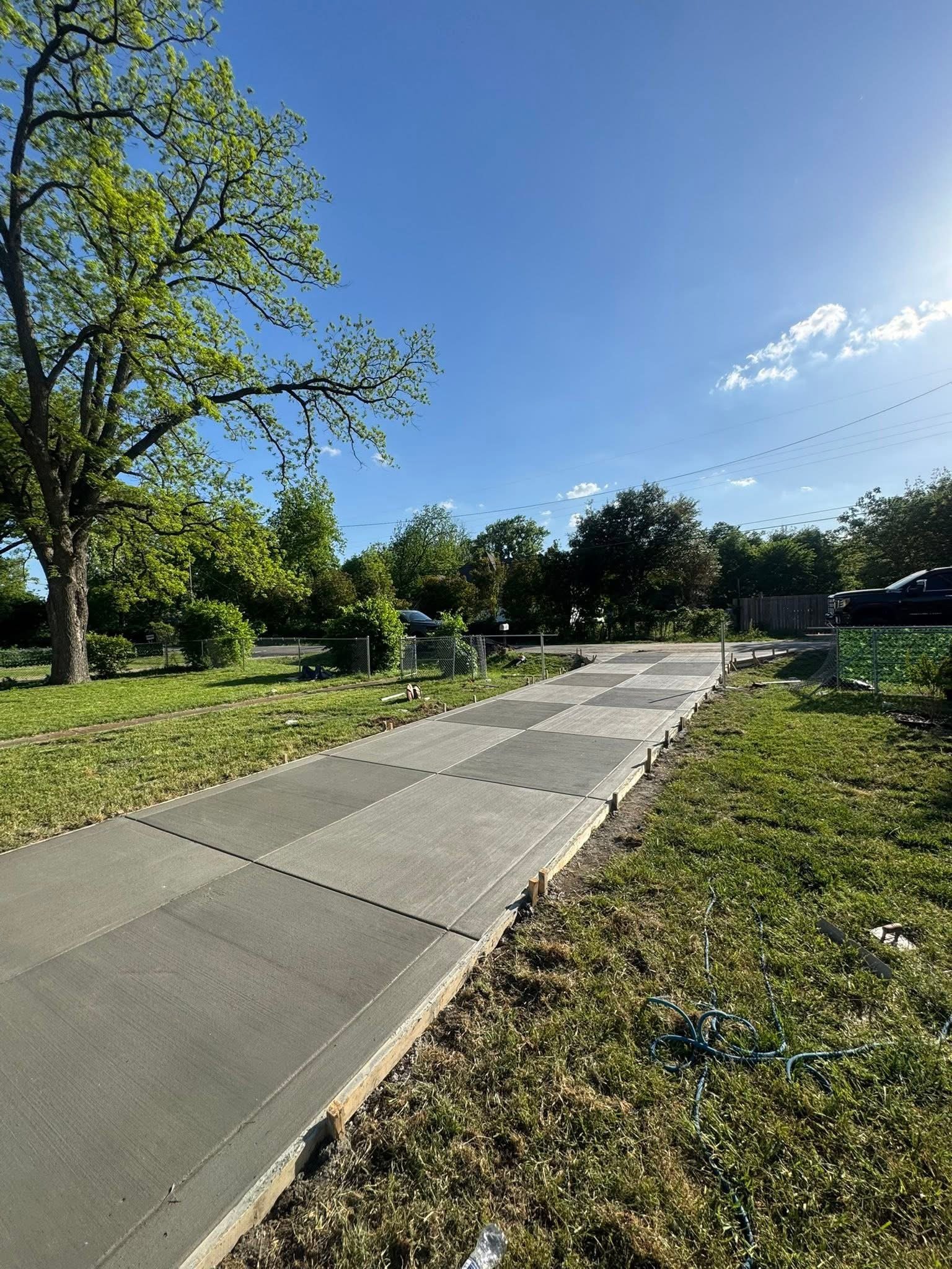 Freshly poured concrete sidewalk in a residential yard during daytime, with green grass on either side, a large tree to the left, and a clear blue sky above.