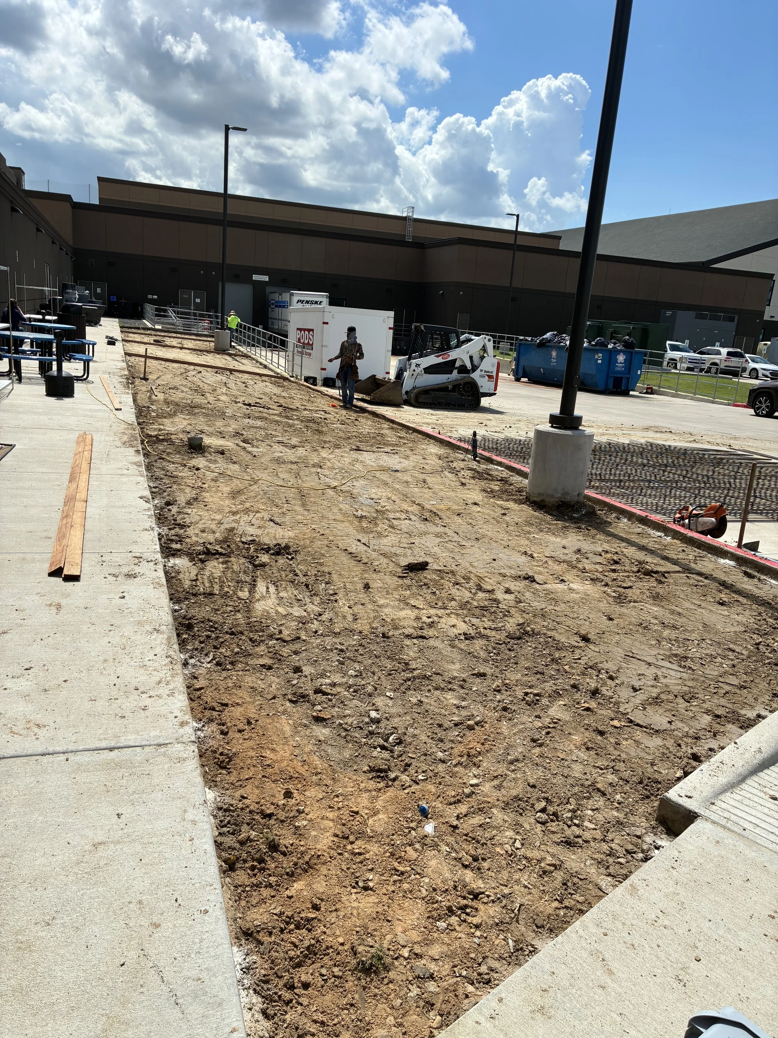 Construction site with dirt and equipment, workers working on ground, sidewalk and building in the background under a partly cloudy sky.
