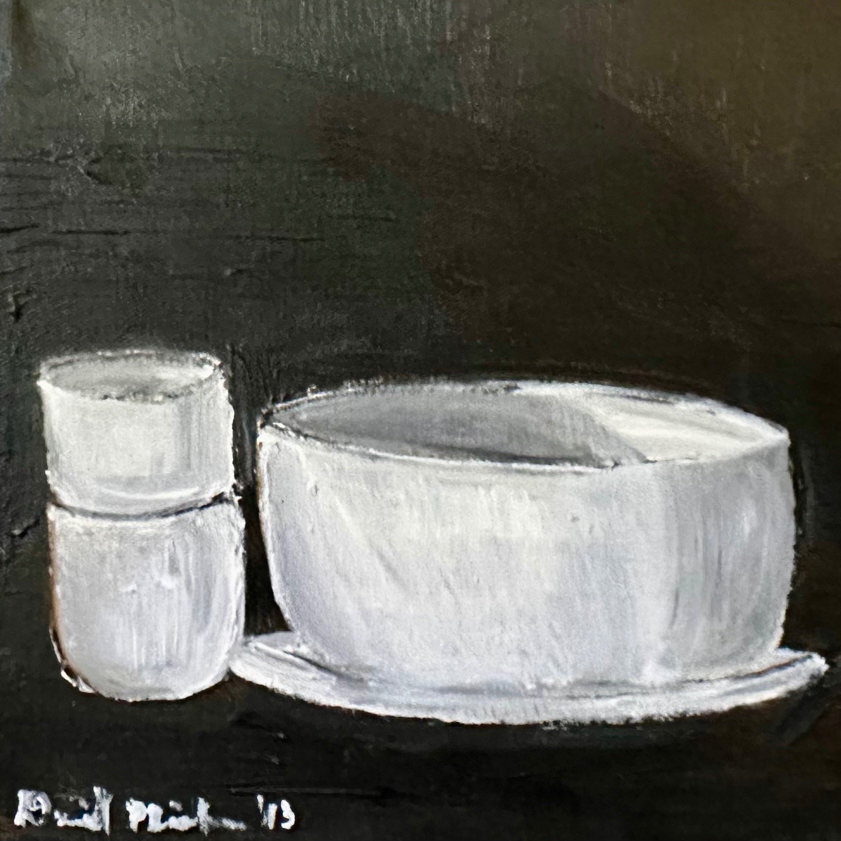 Plates and cups. Oils on board.