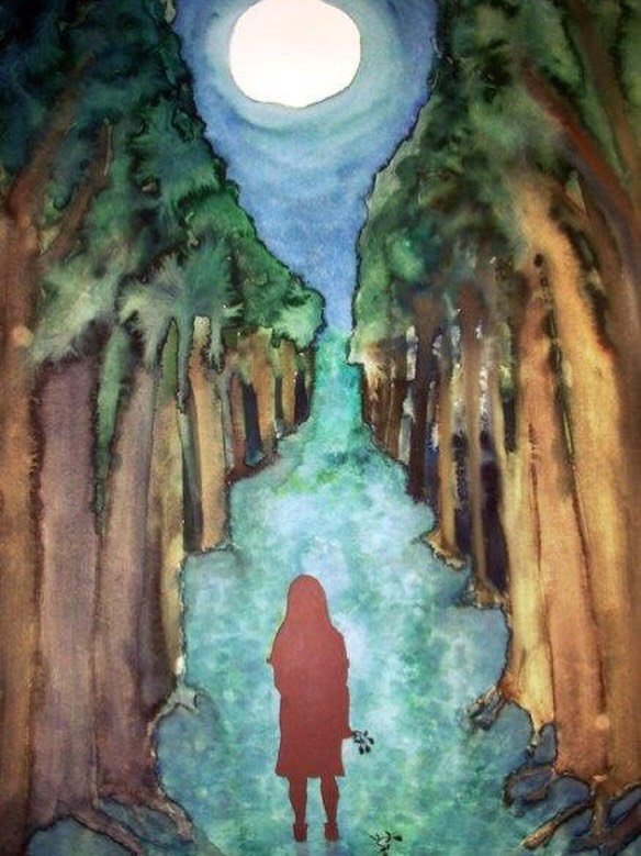 A girl in the woods. Mixed media on watercolor paper.