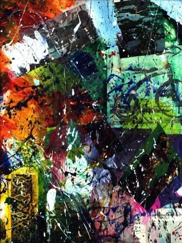 A messy tricycle collage.