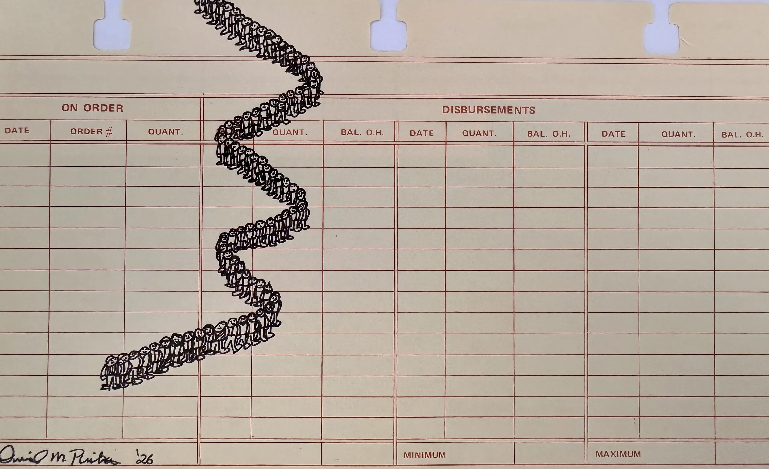 A curvy line of Little People on a Rolodex Card.