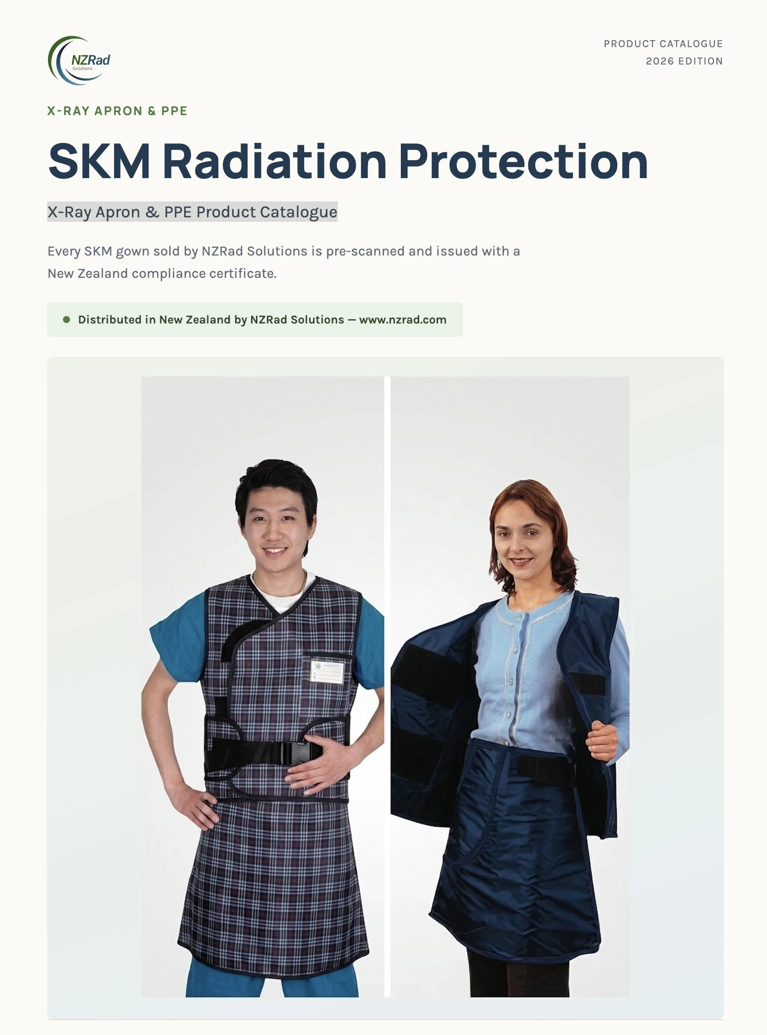 Front cover of a product catalog titled "SKM Radiation Protection" featuring two models wearing radiation protection aprons, one male and one female, on a white background.