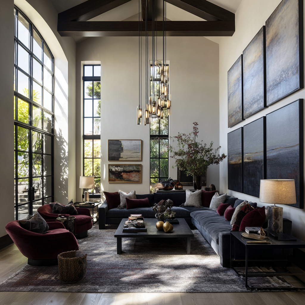 Dramatic luxury Southern California living room showcasing perfectly scaled mid-century modern furniture with deep jewel tone accents