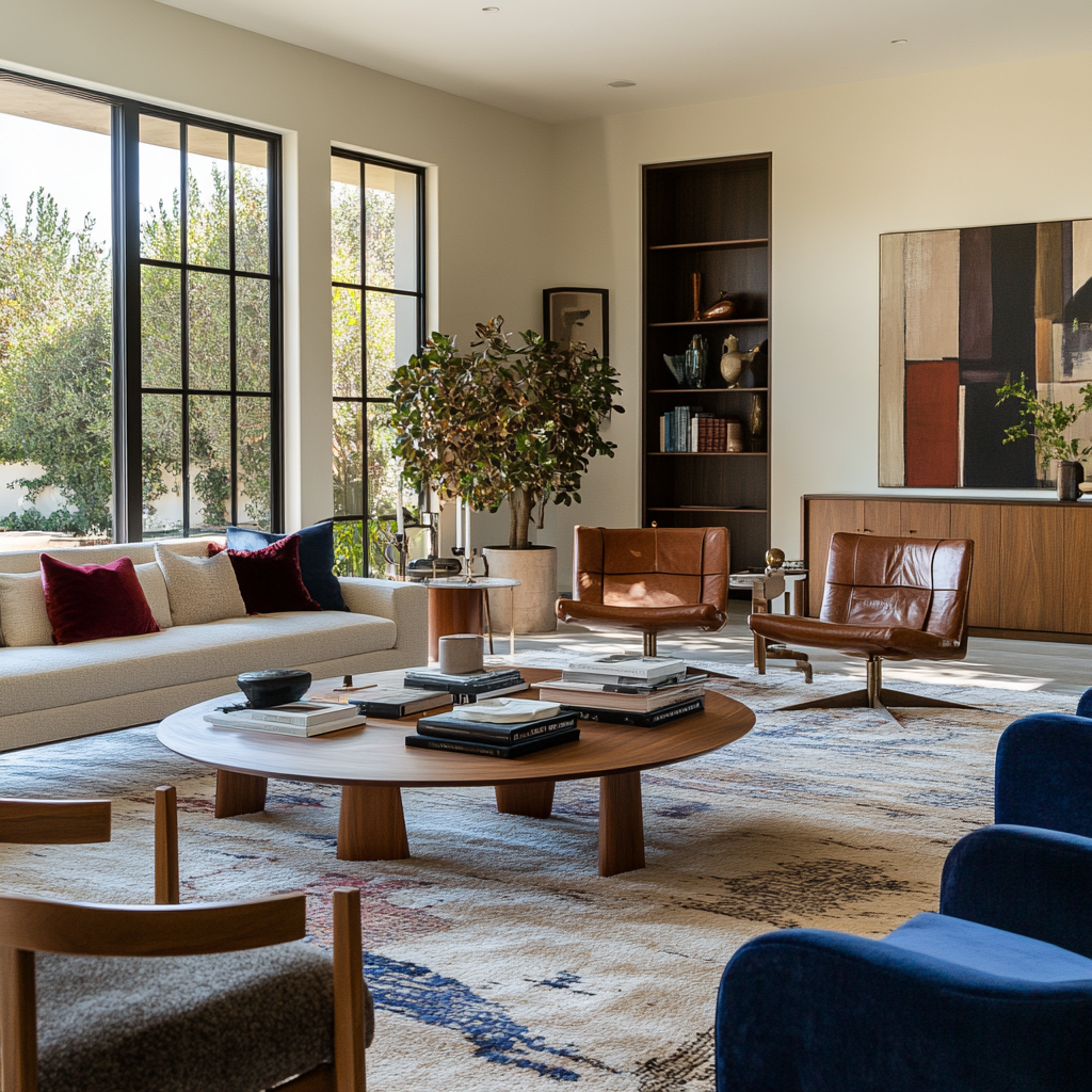 Interior designer thoughtfully editing a Southern California living room furniture layout for better flow and balance