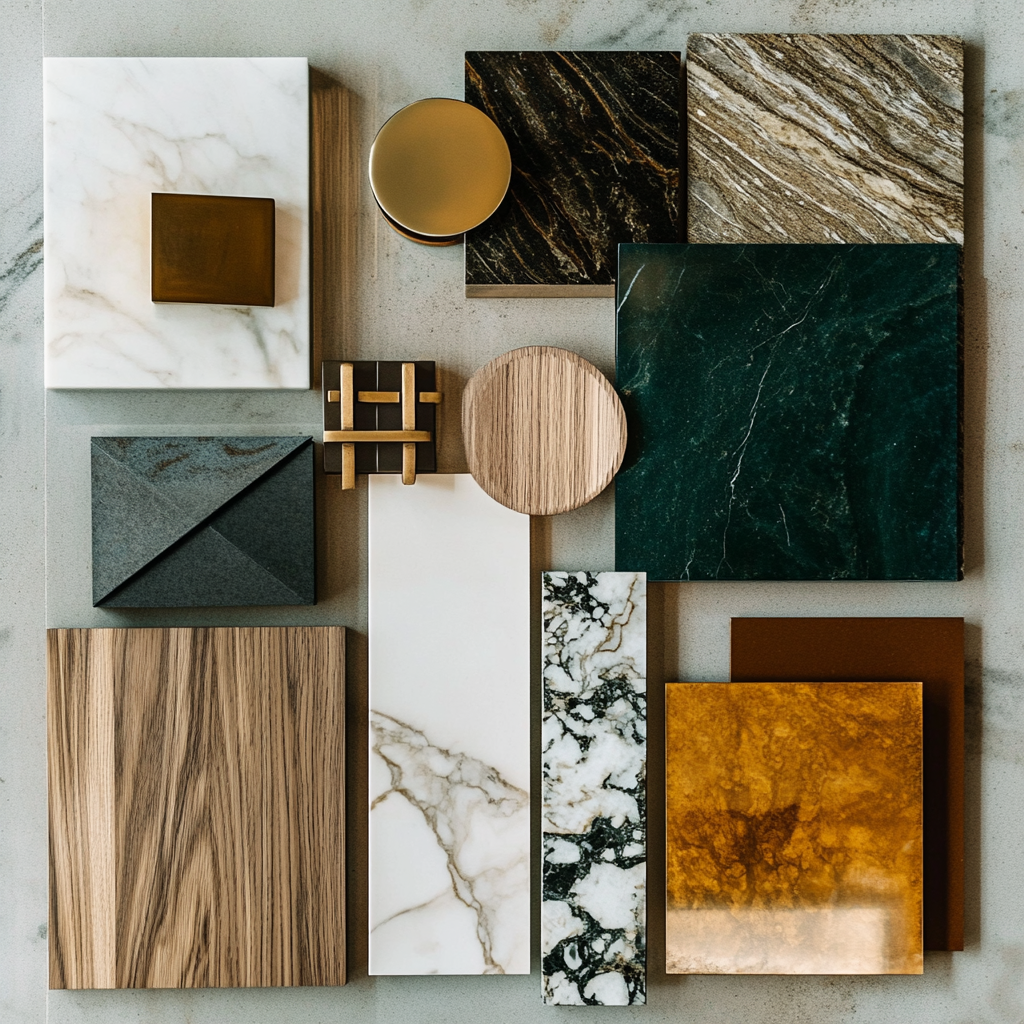 Luxury kitchen material samples including green marble, brass hardware, wood veneer and stone surfaces