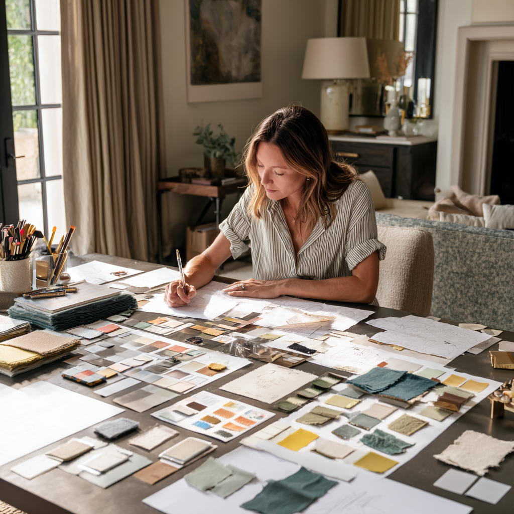 Interior designer creating a concept mood board with fabric swatches and material samples