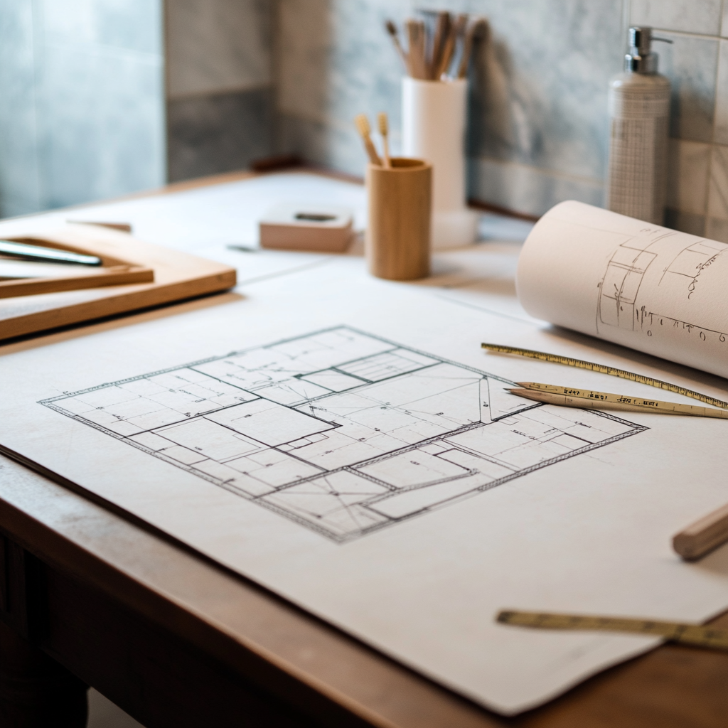 Interior designer bathroom floor plan and layout sketches on a drafting table