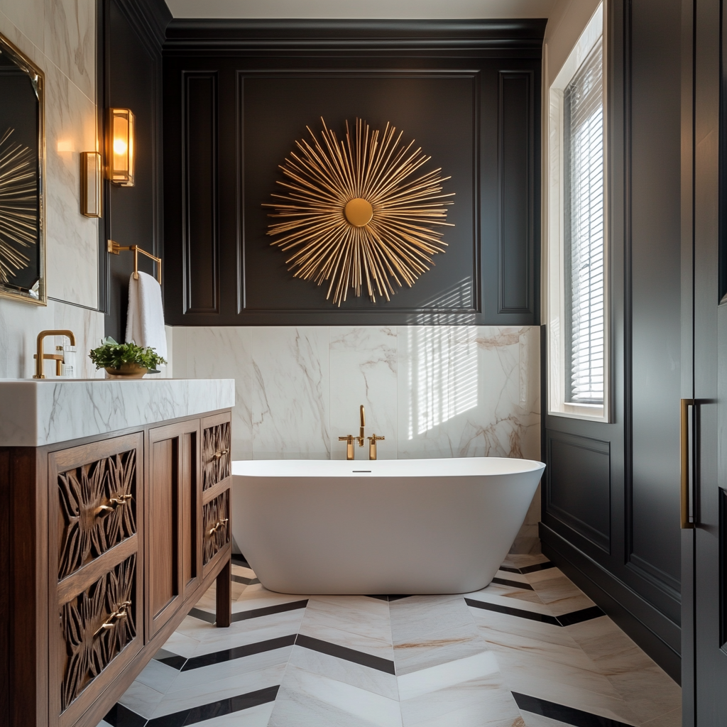 Luxury art deco inspired primary bathroom with marble walls, brass fixtures and freestanding soaking tub
