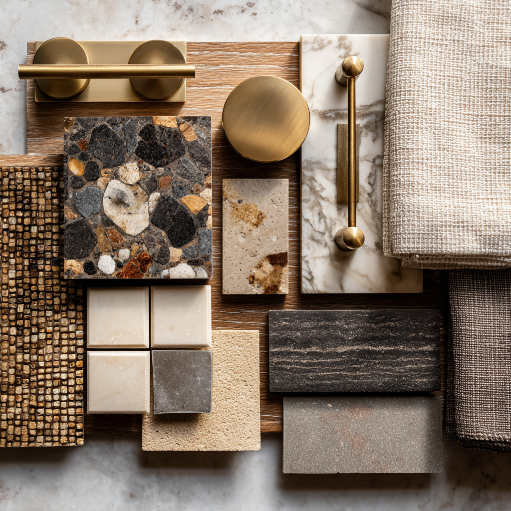 Luxury bathroom material samples including brass hardware, stone tile and marble surfaces