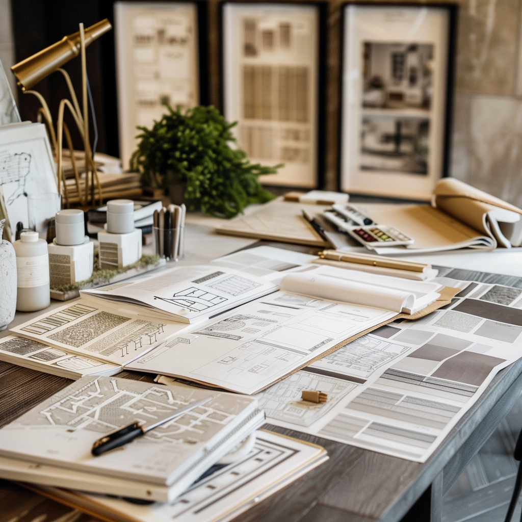 Interior designer reviewing furniture layout and floor plans