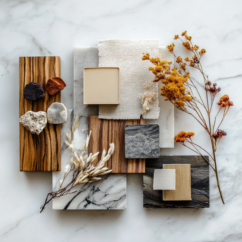 Luxury interior design material samples including stone, wood and linen