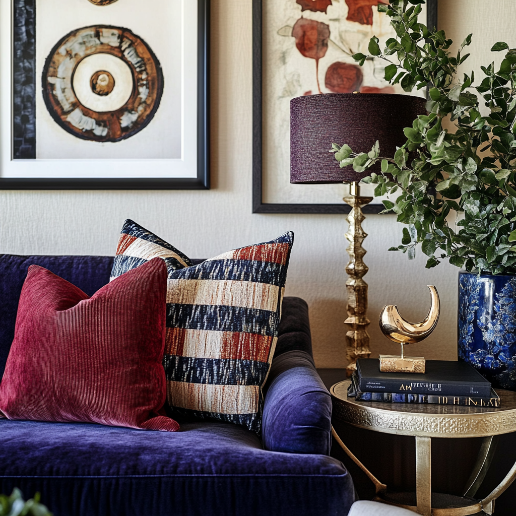 Beautifully styled Southern California living room with layered textiles, art deco brass accessories and rich jewel tone finishing touches