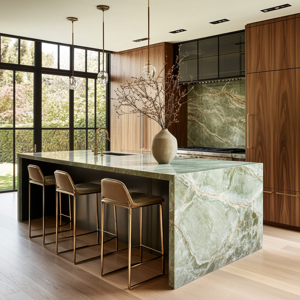 High end kitchen with green marble island, warm walnut cabinetry and floor to ceiling black framed windows