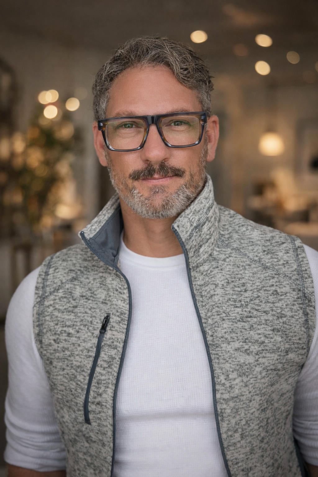 A middle-aged man with gray hair and beard wearing black-rimmed glasses, a white shirt, and a gray vest, smiling softly in a warmly lit indoor setting.