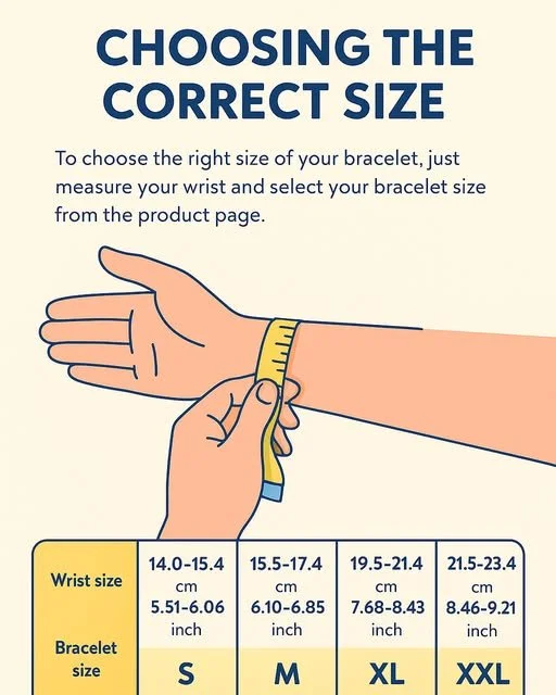 Illustration showing how to measure wrist for bracelet size, with a hand measuring another wrist using a tape measure. Text explains selecting bracelet size based on wrist measurement in centimeters and inches, with size categories S, M, XL, and XXL.