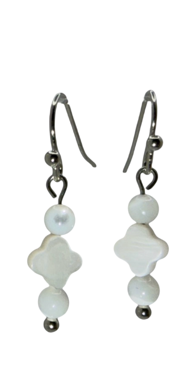 Mother Of Pearl Quatrefoil and Freshwater Pearl Earrings
