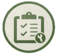 Icono de una lista de verificación en un portapapeles, con una llave inglesa en la esquina inferior derecha