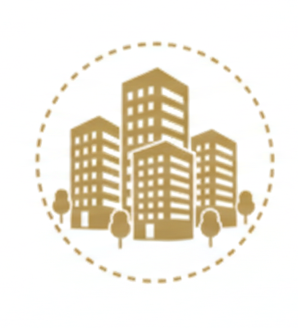 Dibujo de varios edificios altos rodeados de árboles, dentro de un círculo punteado.