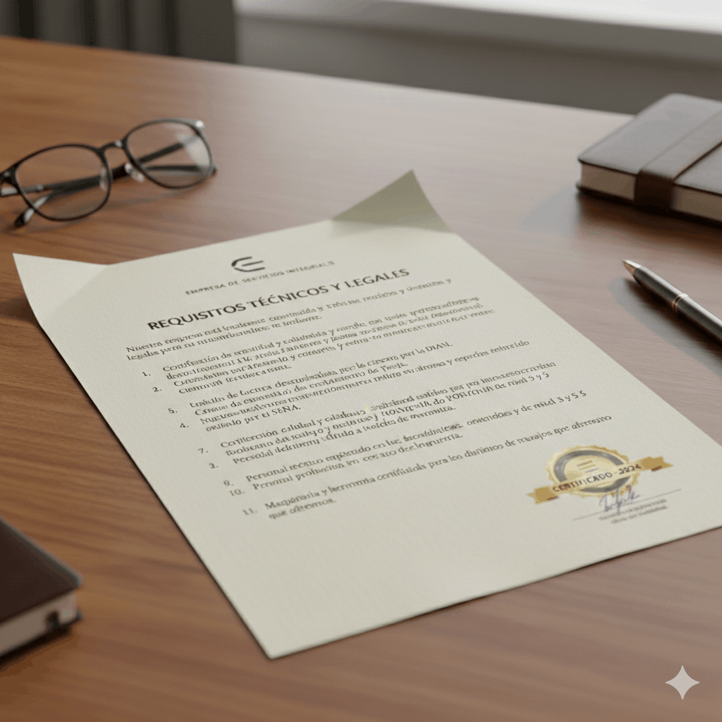 Documento con requisitos técnicos y legales en una mesa de oficina, acompañado de gafas, un bolígrafo, y otros papeles.