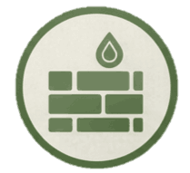 Icono de un muro de ladrillos con una gota de agua en la parte superior dentro de un círculo