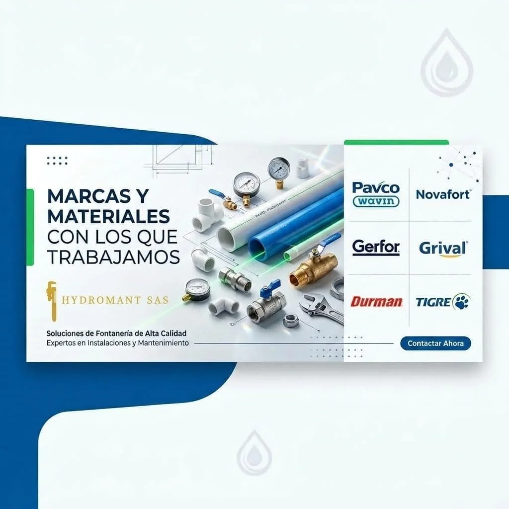 Catálogo de marcas y materiales con las que trabaja hydromant sas, válvulas y accesorios, incluyendo marcas como Pavco, Novafort, Gerfor, Grival, Durman y Ticre.